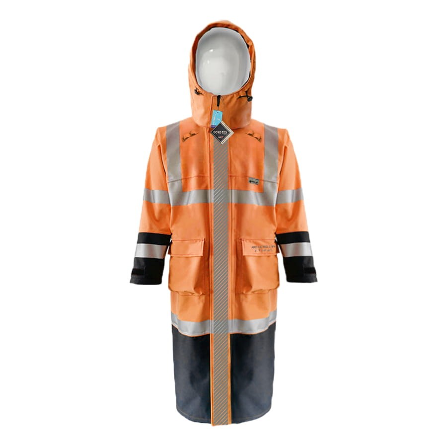 EXTREME GORE-TEX PYRAD CAT 3 FRARC Rated Breathable High Visibility Rainwear Trench Coat GTXEXTC-ORANGE-BLACK